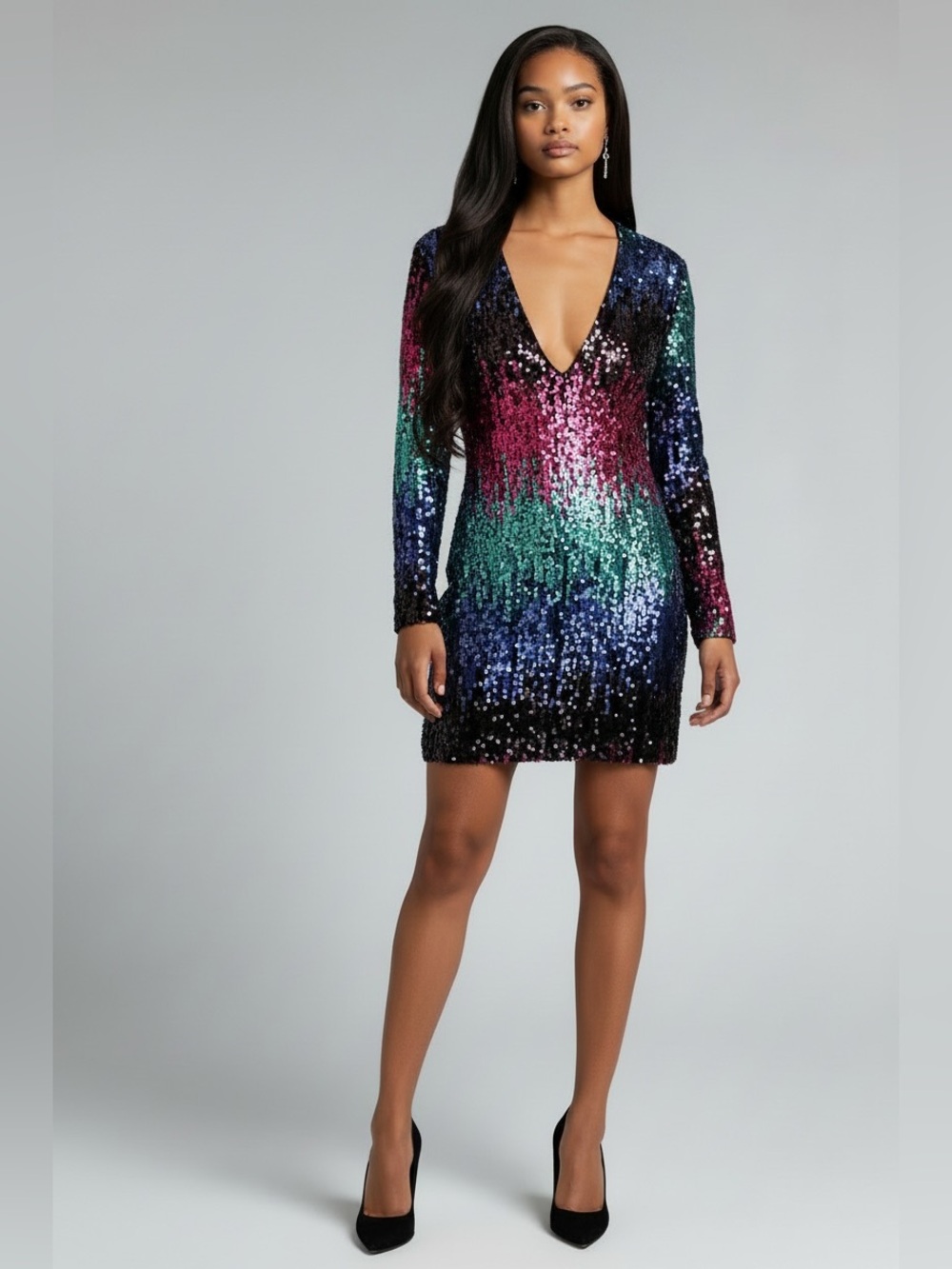 NWOT Long-Sleeve Deep V Sequin Cocktail Dress in Multi